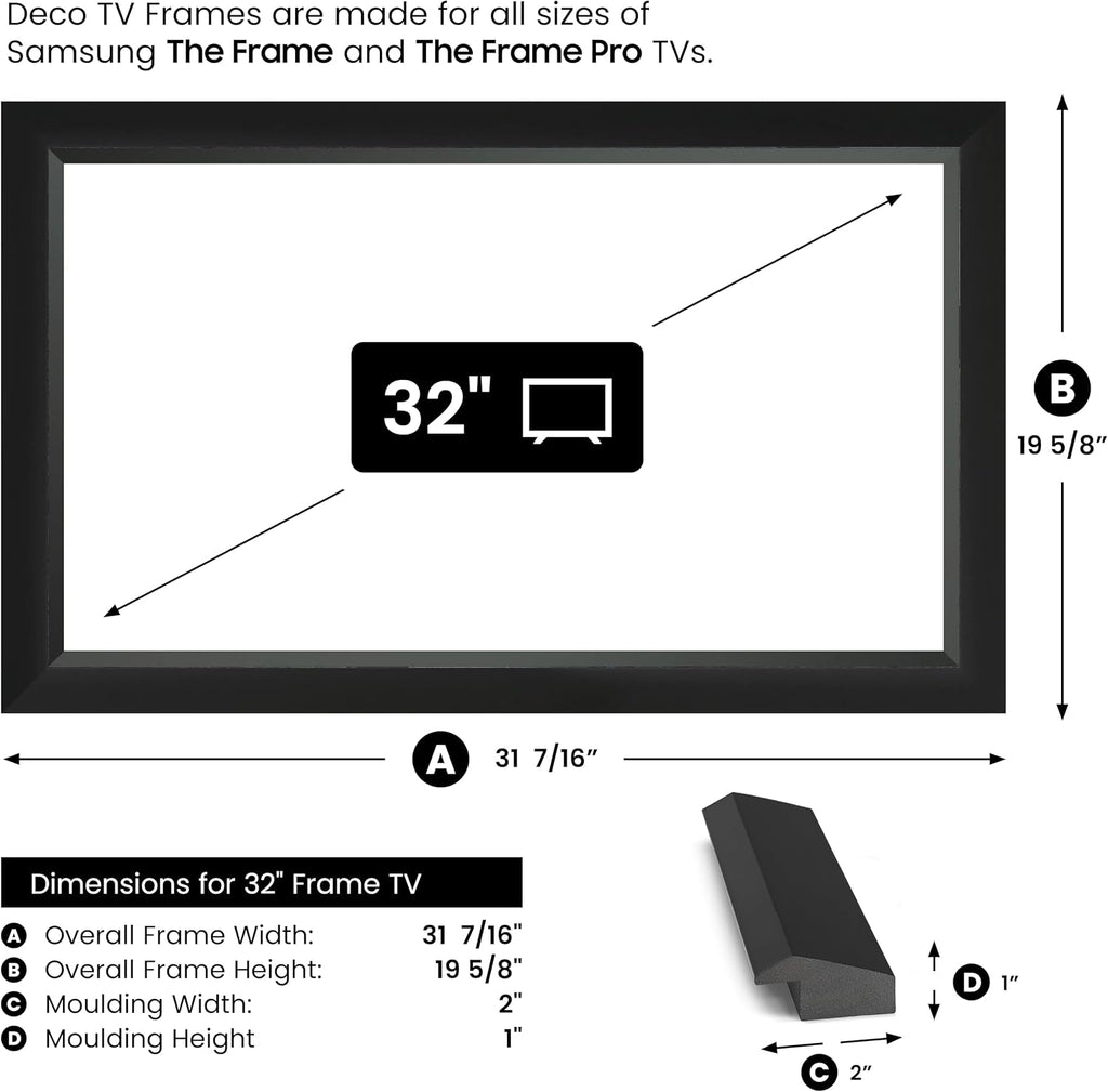 Modern Tuxedo Black 32' Slim Deco TV Frame - Compatible ONLY with Samsung The Frame TVs (Fits 2021-2026, LS03A, LS03B, LS03C, LS03D, LS03FA)