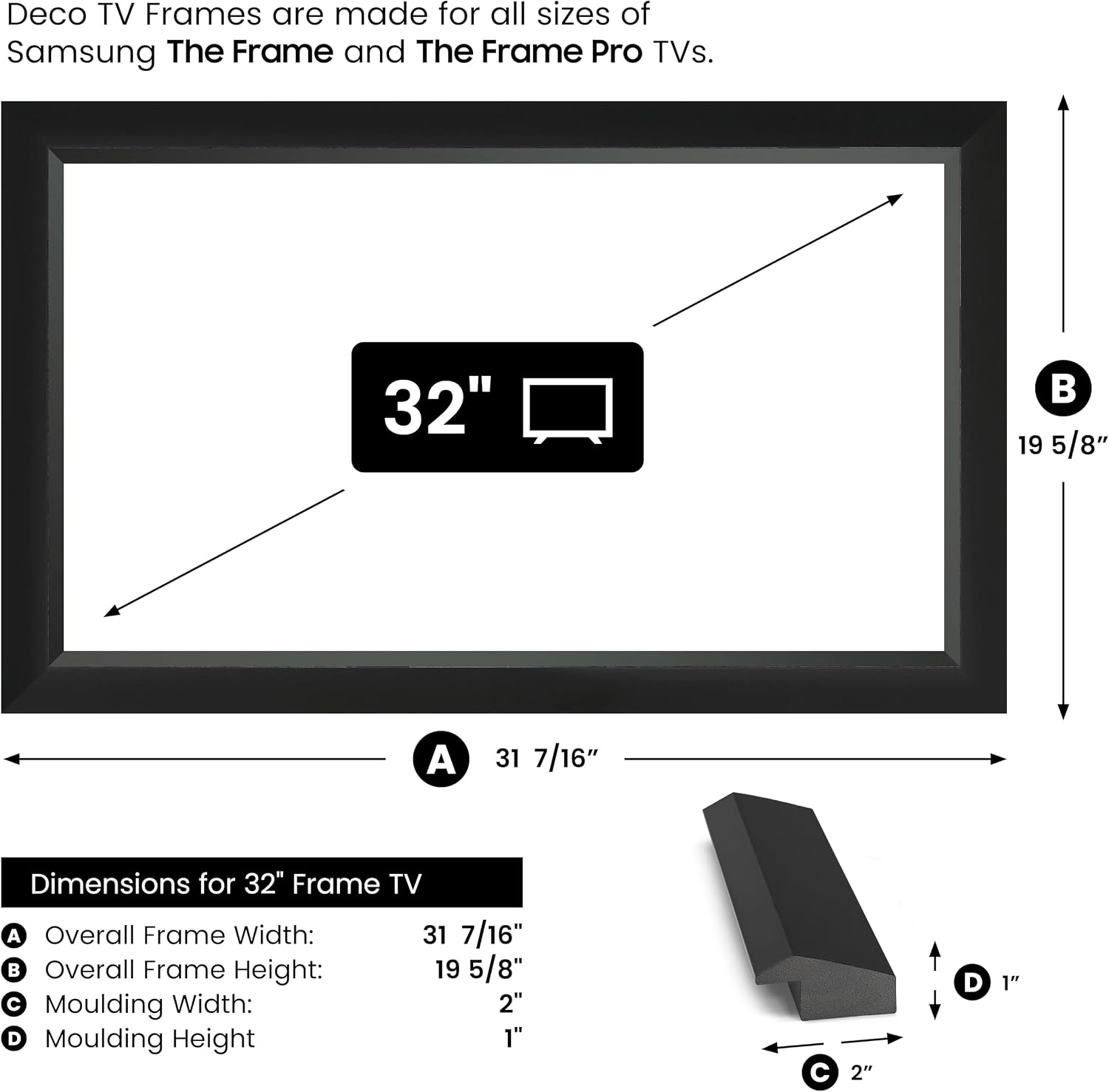 Modern Tuxedo Black 32' Slim Deco TV Frame - Compatible ONLY with Samsung The Frame TVs (Fits 2021-2026, LS03A, LS03B, LS03C, LS03D, LS03FA)