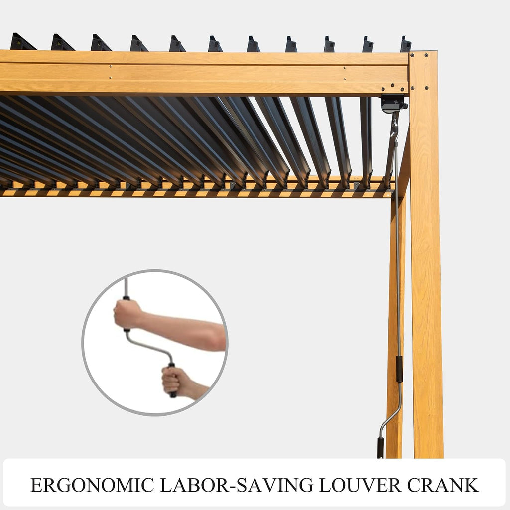 Domi Louvered Pergola 10x10FT, Outdoor Wood Grain Pergola Aluminum Frame with Adjustable Rainproof Metal Roof, Permanent Sun Shade with Drainage System for Deck Garden Yard