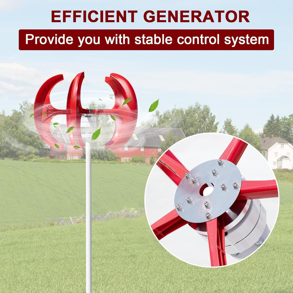 1000W Wind Turbines | 2V/24V Wind Turbines Generator | 5-Blade Lantern Wind Generator | Electromagnetic Electricity Producer Equipment Red | for Home Hybrids Streetlight Use,Electricity Equipment