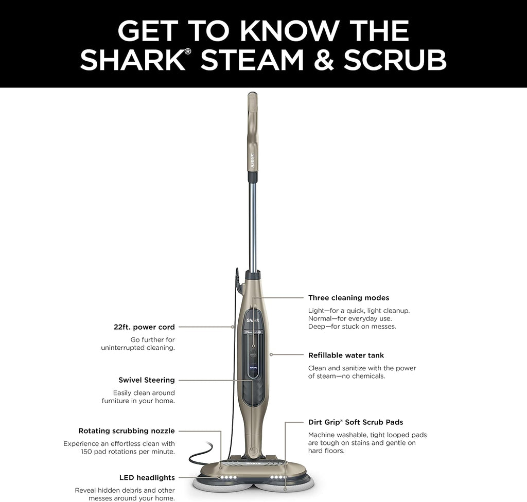 Shark S7001 Mop, Scrub & Sanitize at The Same Time, Designed for Hard Floors, with 4 Dirt Grip Soft Scrub Washable Pads, 3 Steam Modes & LED Headlights, Gold