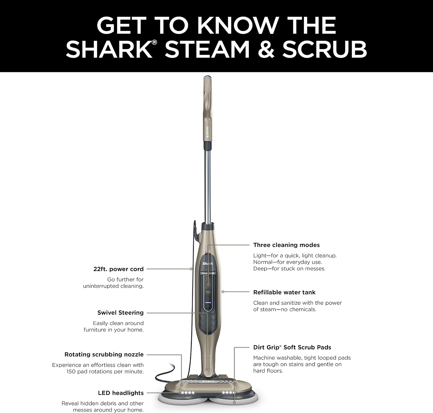 Shark S7001 Mop, Scrub & Sanitize at The Same Time, Designed for Hard Floors, with 4 Dirt Grip Soft Scrub Washable Pads, 3 Steam Modes & LED Headlights, Gold