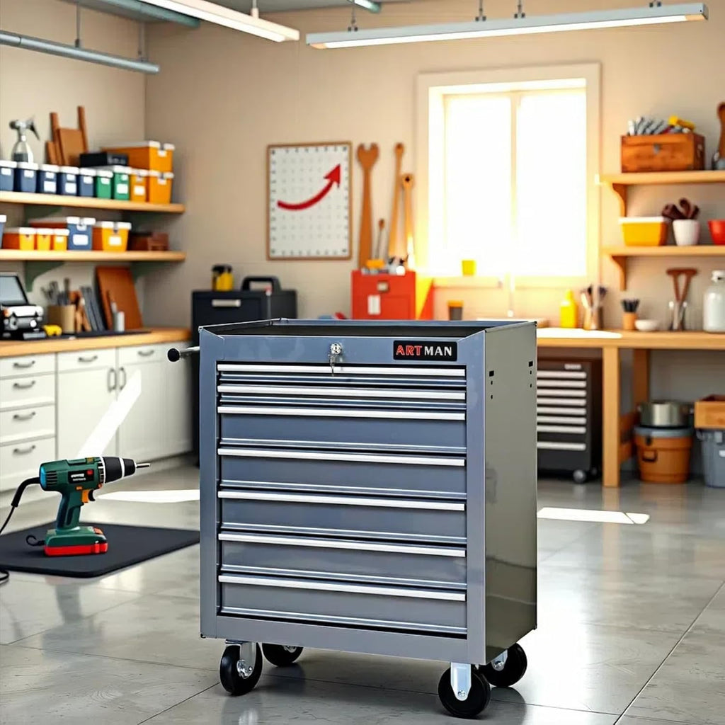Mini Tool Box,Tool Box with Wheels, Lockable Rolling Tool Chest, Caja de herramientas para mecánico, Tool Box with Wheels,Work Table for Garage & Repair Shop,Warehouse, Workshop(Silver)