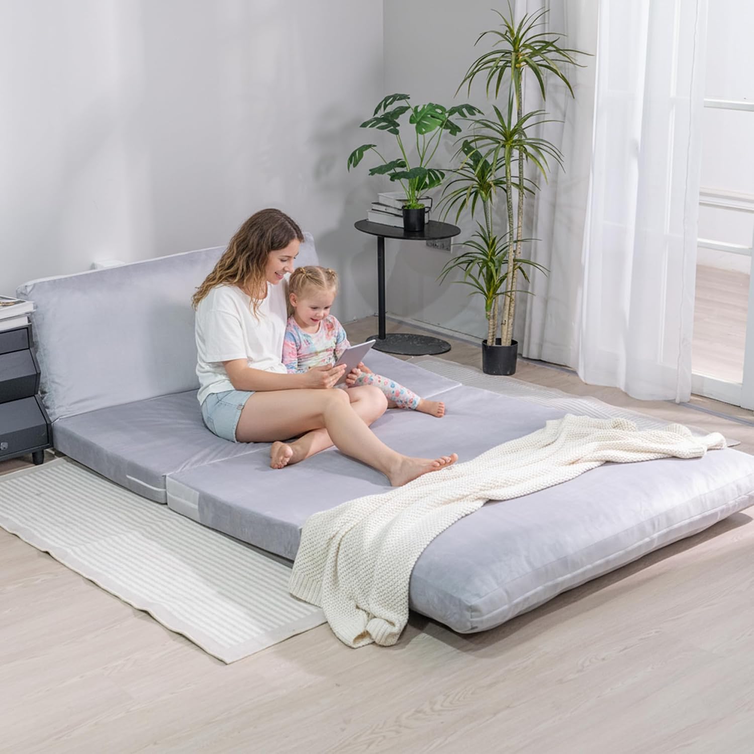 Cvortll 4-in-1 Folding Sofa Bed, Memory Foam Bean Bag Chair, Large Convertible Couch, Floor Foldable Sofa for Bedroom, Living Room, Apartment (Grey-Large)