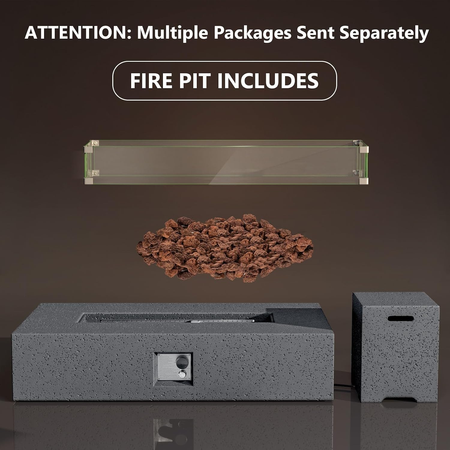 COSIEST 56 x 28 inch Outdoor Propane Fire Pit Coffee Table w Concrete Rectangle Base, Certified, 50,000 BTU, Free Lava Rocks and RainCover, Fits 20lb Tank Outside, Wind Guard, Tank Cover, Gray