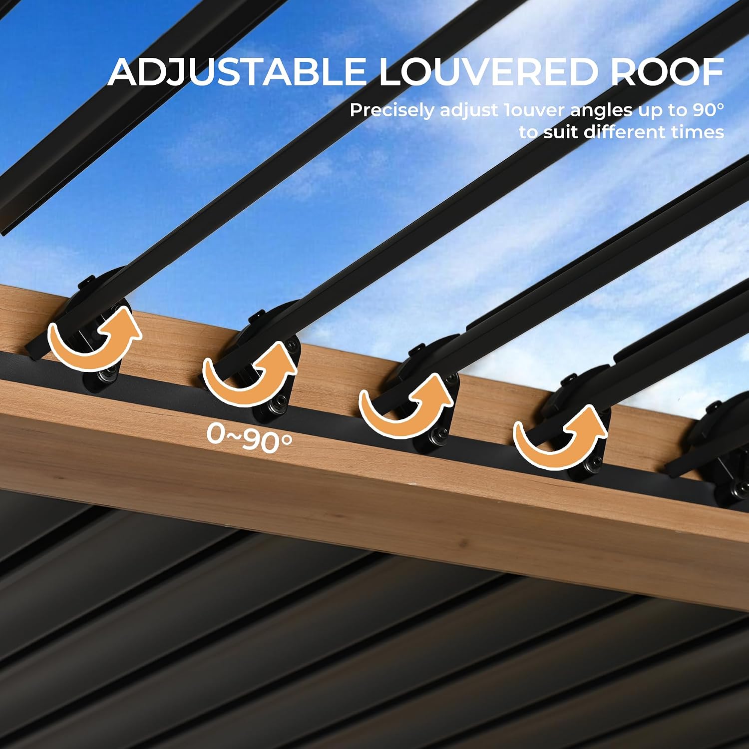 HAPPATIO Louvered Pergola 10' x13' Outdoor, Woodgrain-Look Aluminum Frame with Adjustable Rainproof Roof, Patio Pergola with Curtains and Mosquito Nets, Aluminum Frame for Patio, Backyard, Deck