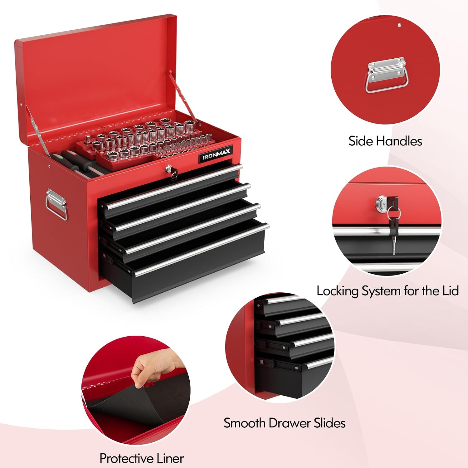 IRONMAX Tool Cabinet on Wheels, 6-Drawer Lockable Rolling Tool Chest w/ 4 Universal Wheels, 2 in 1 Detachable Tool Box Storage Organizer for Garage Workshop Repair Shop, Black & Red