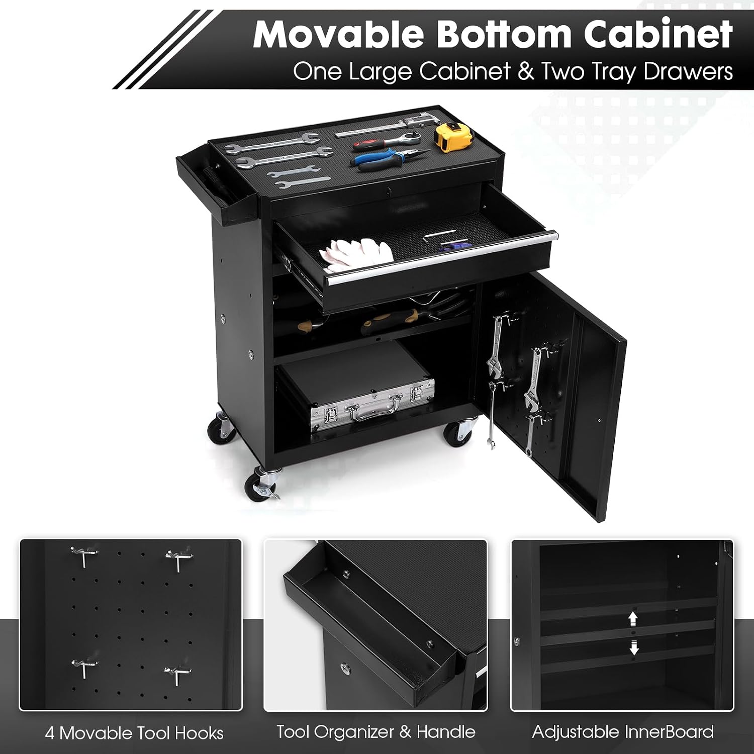 5-Drawer Rolling Tool Chest – 2-in-1 Lockable Tool Box with Wheels, Sliding Drawers & Detachable Top – Garage & Workshop Storage Cabinet, Black