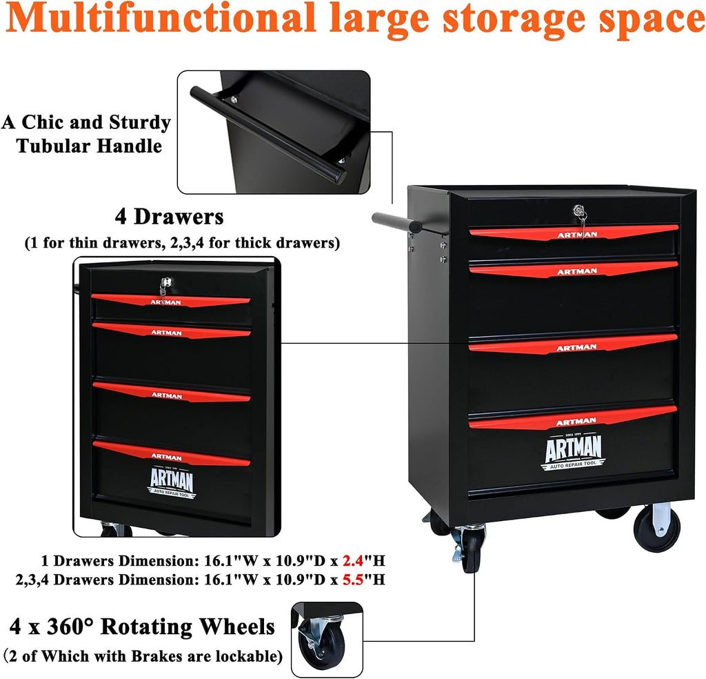 4 Drawers Tool Cart on Wheels, Multifunctional Rolling Tool Storage Chest, Drawers Rolling Trolley Organizer Tool Box for Warehouse, Garage, Workshop, Repair Shop (4 Drawers-30.5' H)