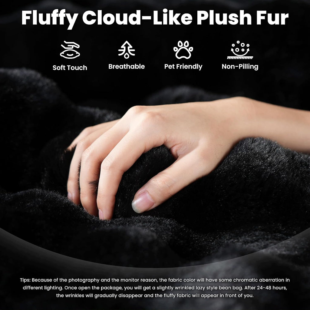 ovios Bean Bag Chair for Adult, Giant Beanbag with Plush Faux Fur, Comfy Large Big Lounger Floor Lazy Chair for Indoor Fireside Living Room Bedroom Dorm, Black