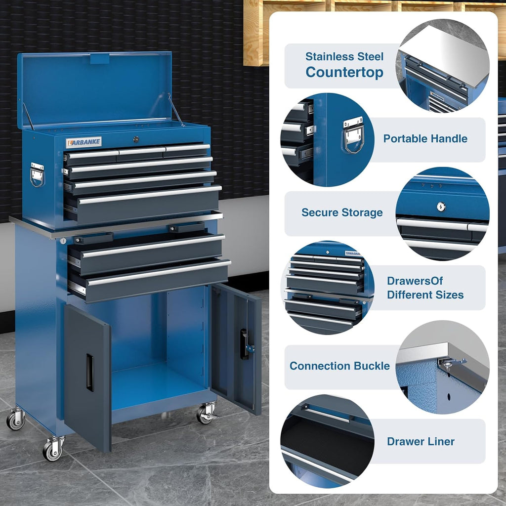LARBANKE 5-Drawer&8-Drawer Tool Chest combination,with Universal Brake Wheels and Padded Feet,Tool Cabinet with Stainless Tabletop,Rolling Tool Chest Can be Connected Together with Connectiong Buckle