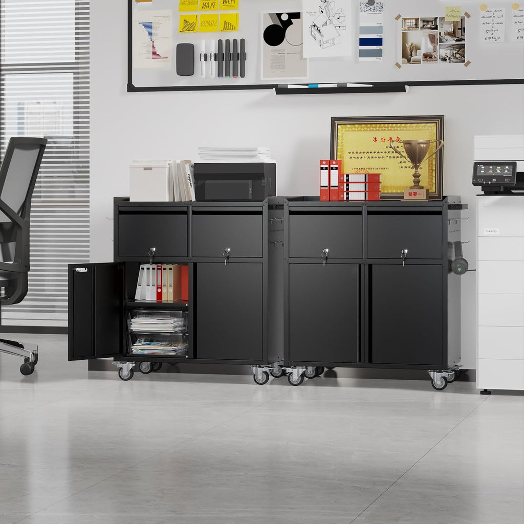 Metal Garage Storage Cabinet with Wheels, Rolling Tool Cabinet with Adjustable Shelf, 2 Drawers and 2 Doors for Tools, Garage,Workshop, Black, Assembly Required