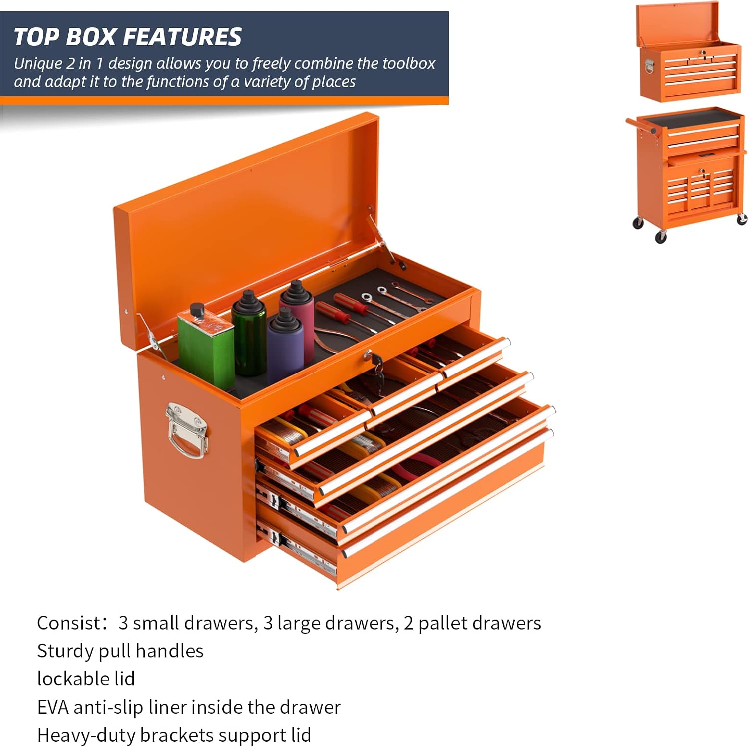 8-Drawer Rolling Tool Box, Lockable Rolling Tool Chest with Wheels and Drawers, 2 in 1 Large Capacity Storage Tool Cabinet for Warehouse, Garage, Tool Room and Repair Shop (Orange)