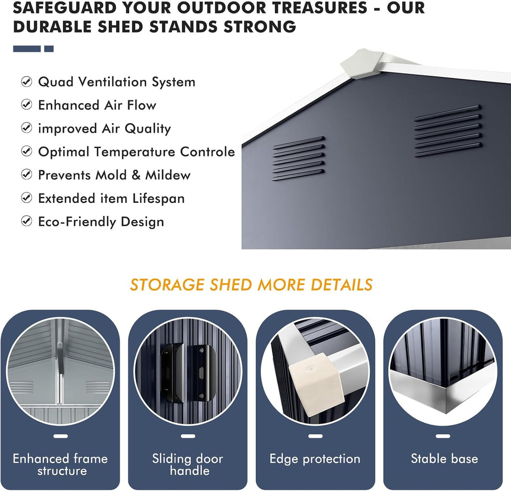 Metal Shed 8x10x6 FT - Steel Tool Storage with Sliding Door and Air Vents - Outdoor Bike Sheds for Garden, Backyard, Patio - Utility Outdoor Storage