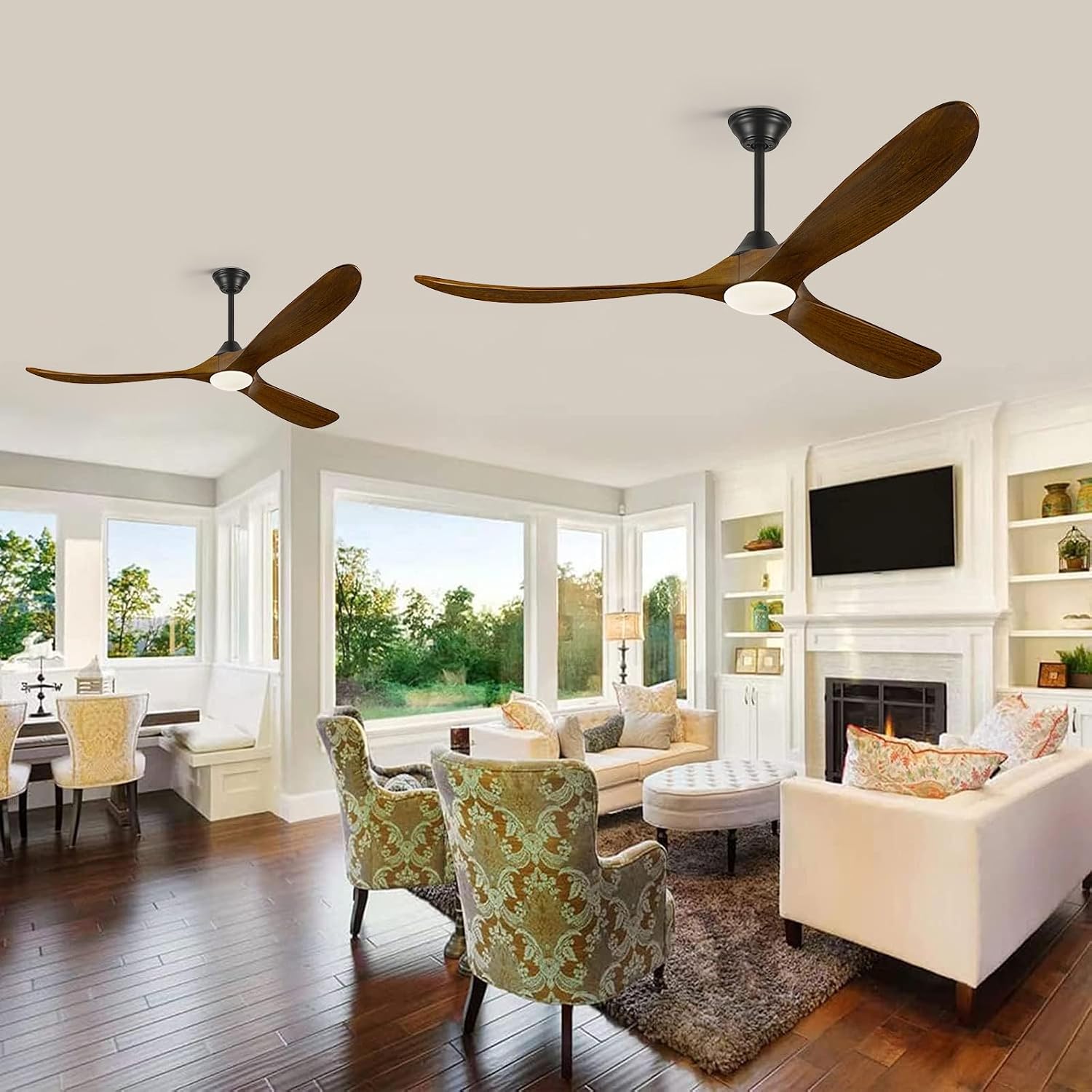 60 Inch Ceiling Fan with Light and Remote, Indoor Outdoor for Patio Gazebo Living Room - Rustic Farmhouse Style, Quiet 6-Speed Reversible DC Motor High CFM, 3 Wood Blades Dimmable with 3 Downrods
