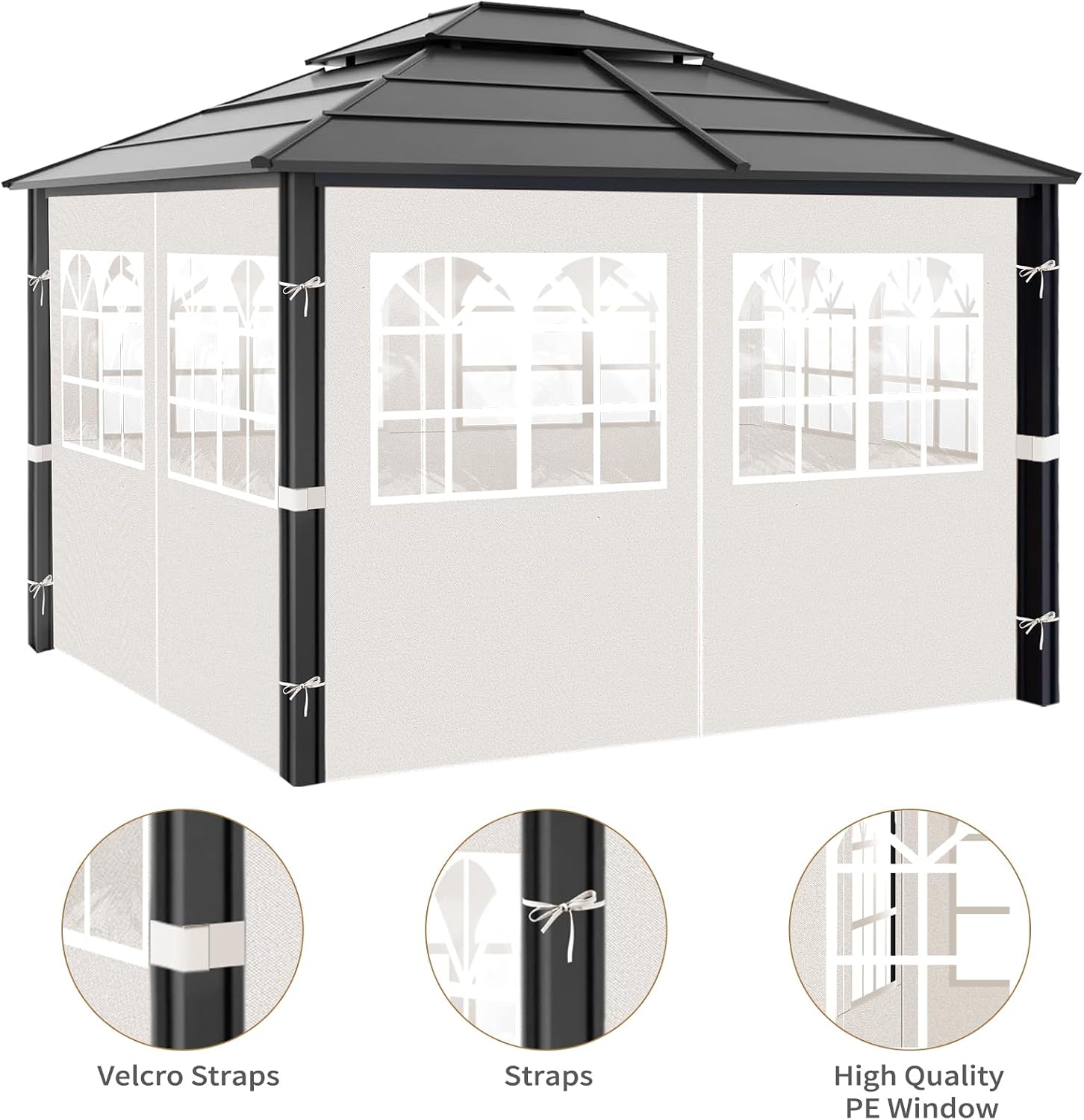 Gazebo Privacy Curtains 10' x 10' with PVC Windows, 4-Panels Side Wall with Zipper Universal Replacement for Patio, Outdoor Canopy, Garden and Backyard, Beige