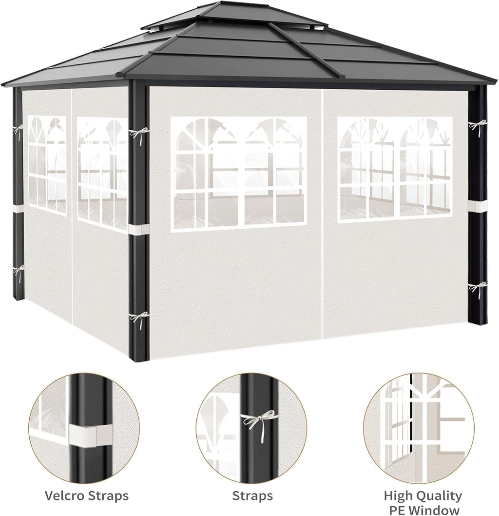 Gazebo Privacy Curtains 10' x 12' with PVC Windows, 4-Panels Side Wall with Zipper Universal Replacement for Patio, Outdoor Canopy, Garden and Backyard, Beige
