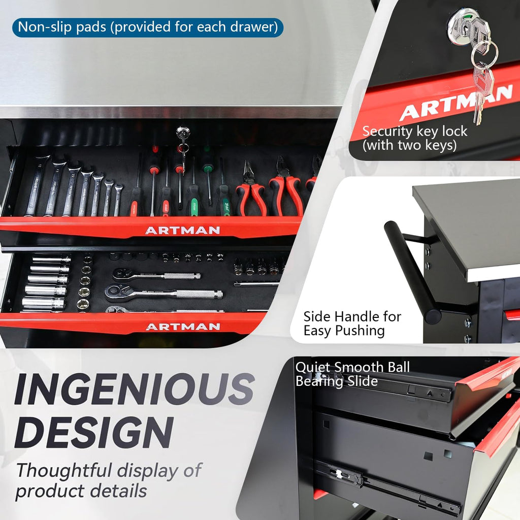 4-Drawer Rolling Tool Chest with Stainless Steel Countertop,Tool Chest with Secure Locking System,Mobile Storage Tool Cabinet with 360°Wheels and Padded Feet,for Home,Garage (Black+Red)