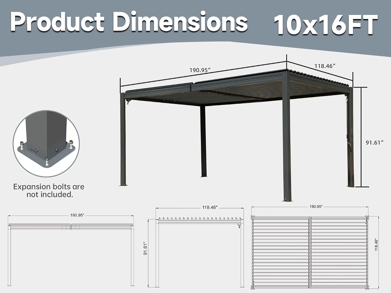 Domi 10' x 16' Outdoor Pergola Aluminum Louvered Pergola with Adjustable Roof, Aluminum Frame, Efficient Drainage System for Patio, Deck, Garden (Gray)
