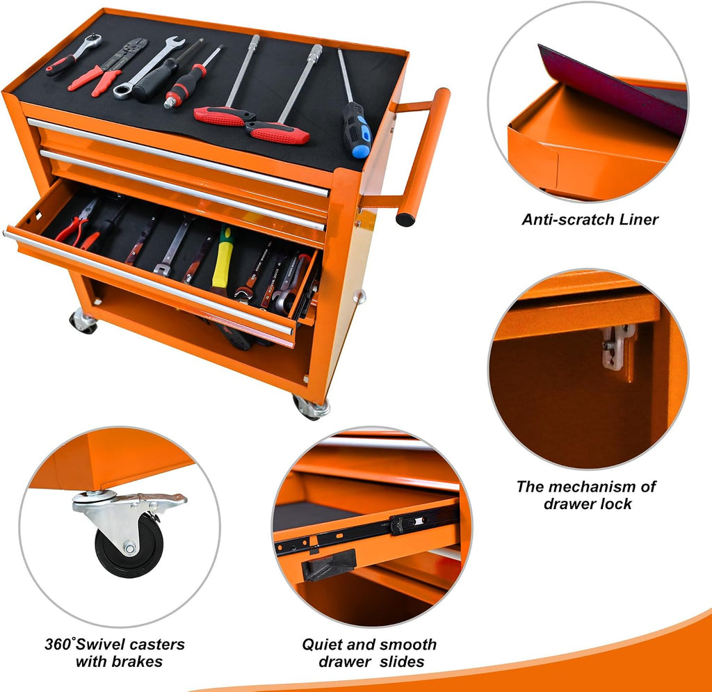 4 Drawers Tool Cart on Wheels, 4 Drawer Rolling Tool Chest, Trolley Organizer Tool Box Tool Case with 1 Cabinet, Multifunctional Tools Case for Garage,Warehouse,Workshop,Repair Shop (Orange)