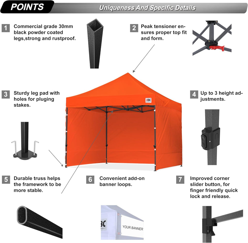 ABCCANOPY Heavy Duty Easy Pop up Canopy Tent with Sidewalls 10x10, Orange