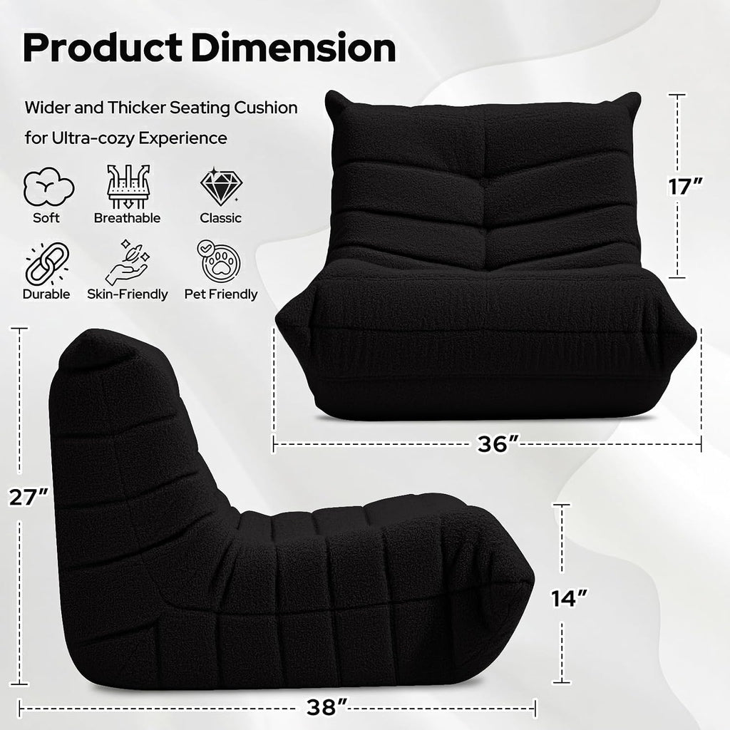 HABUTWAY Bean Bag Chairs Fireside Lazy Floor Sofa, Soft Teddy Fleece Bean Bag Sofa with High-Resilience Foam Filling，Beanbag for Living Room, Bedroom, Office (Black Teddy)