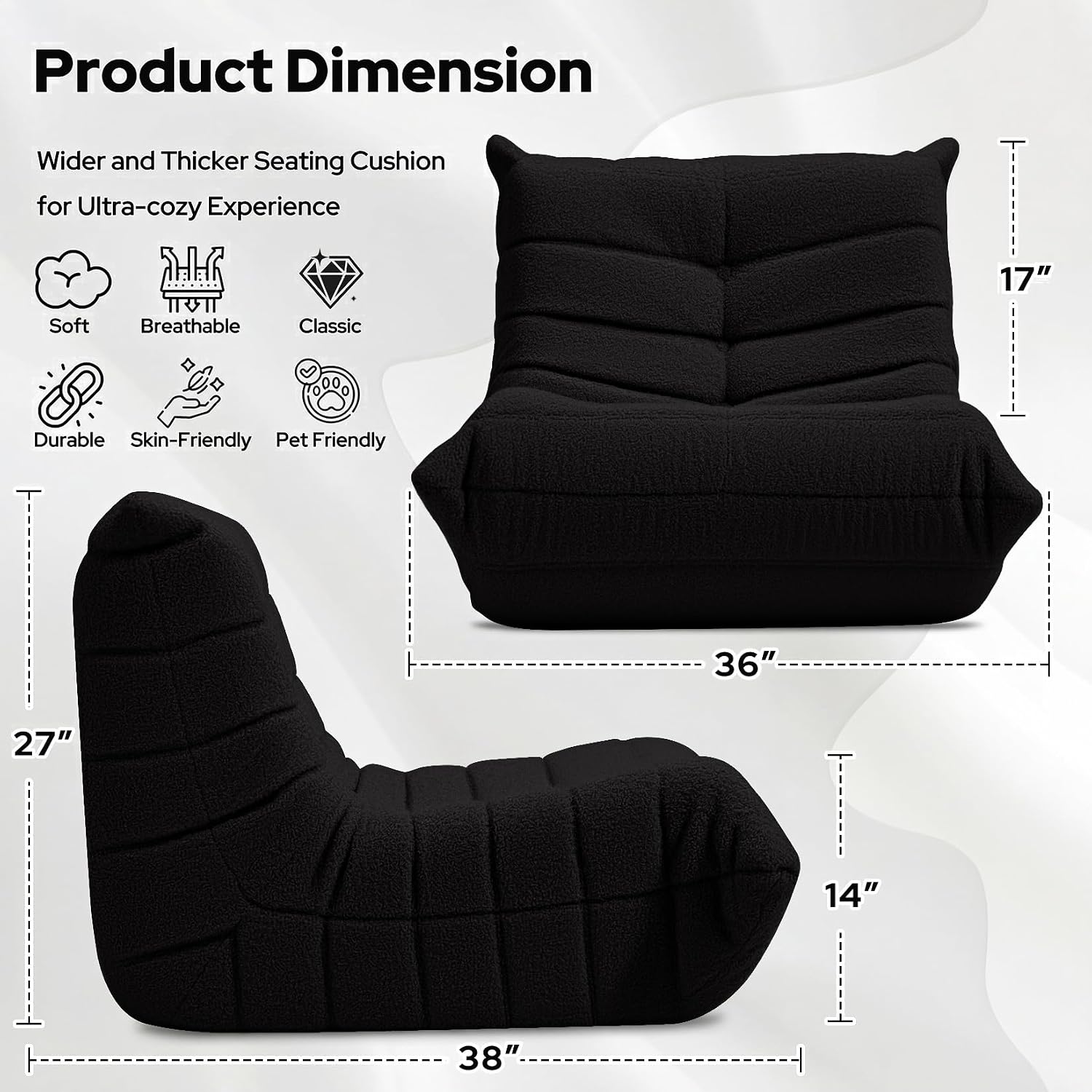 HABUTWAY Bean Bag Chairs Fireside Lazy Floor Sofa, Soft Teddy Fleece Bean Bag Sofa with High-Resilience Foam Filling，Beanbag for Living Room, Bedroom, Office (Black Teddy)