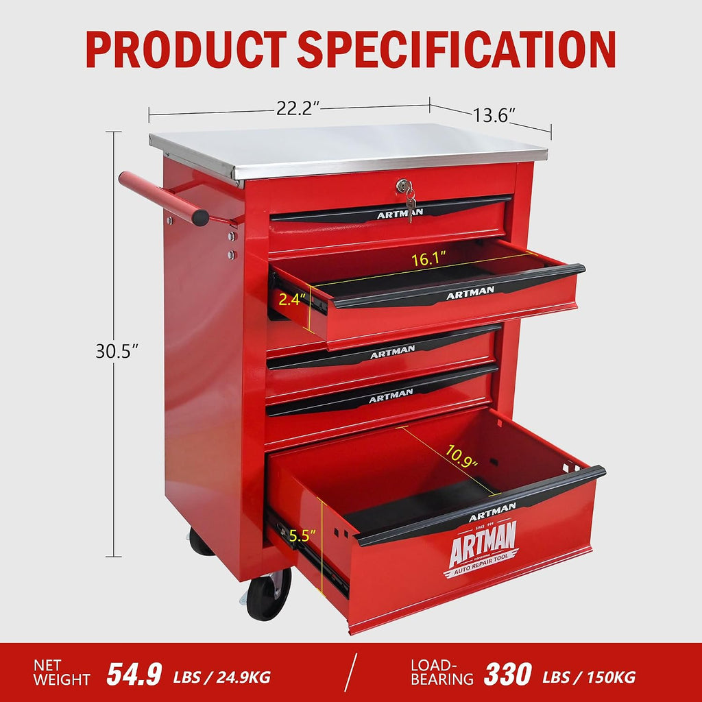 6 Drawers Rolling Tool Box on Wheels, Stainless Steel Countertop Tool Chest Cabinet with Lock, Drawers Rolling Tool Cart Trolley Organizer Tool Case for Garage,Warehouse (Red)