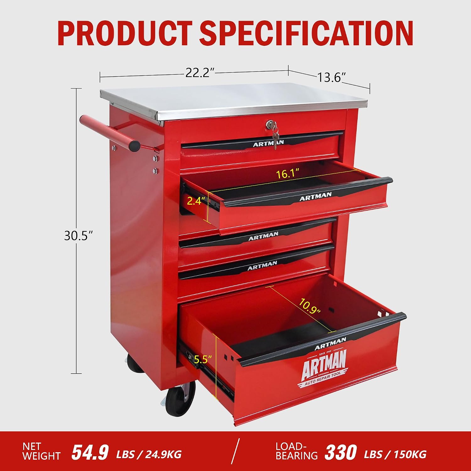 6 Drawers Rolling Tool Box on Wheels, Stainless Steel Countertop Tool Chest Cabinet with Lock, Drawers Rolling Tool Cart Trolley Organizer Tool Case for Garage,Warehouse (Red)