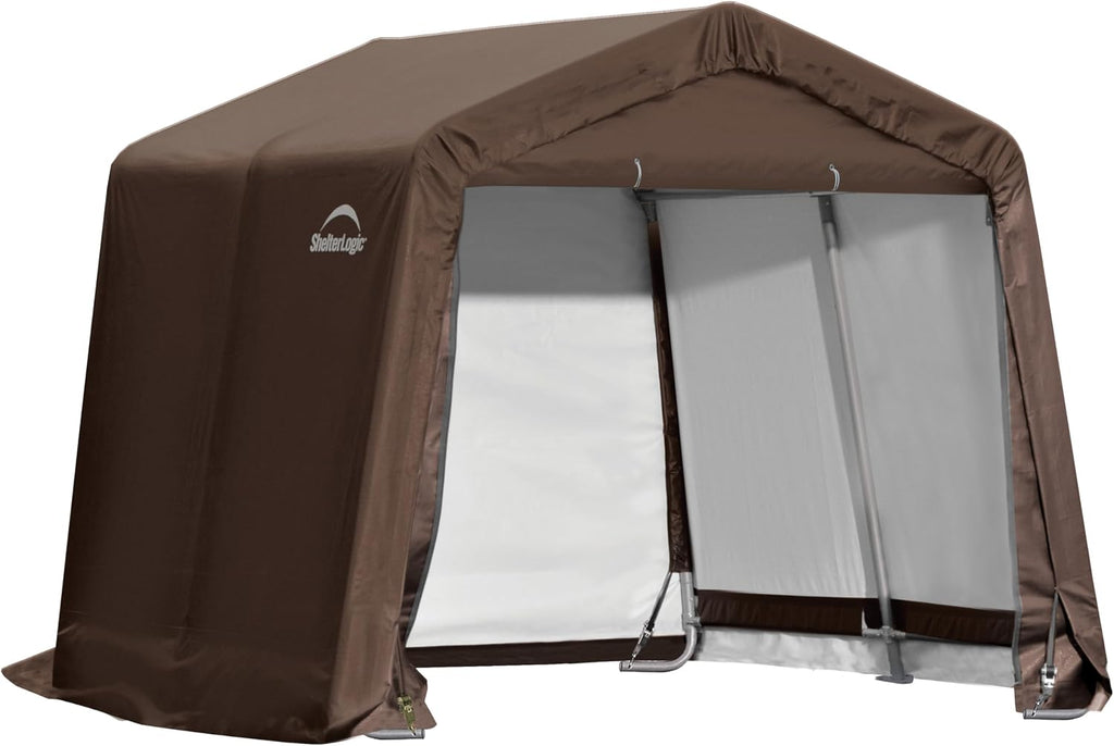 ShelterLogic 10' x 10' x 8' 3-in-1 Outdoor Loafing Shed Animal Shelter with Waterproof Cover, All-Weather Outdoor Storage Shed for Animals, Agriculture, and Farm Equipment, Brown