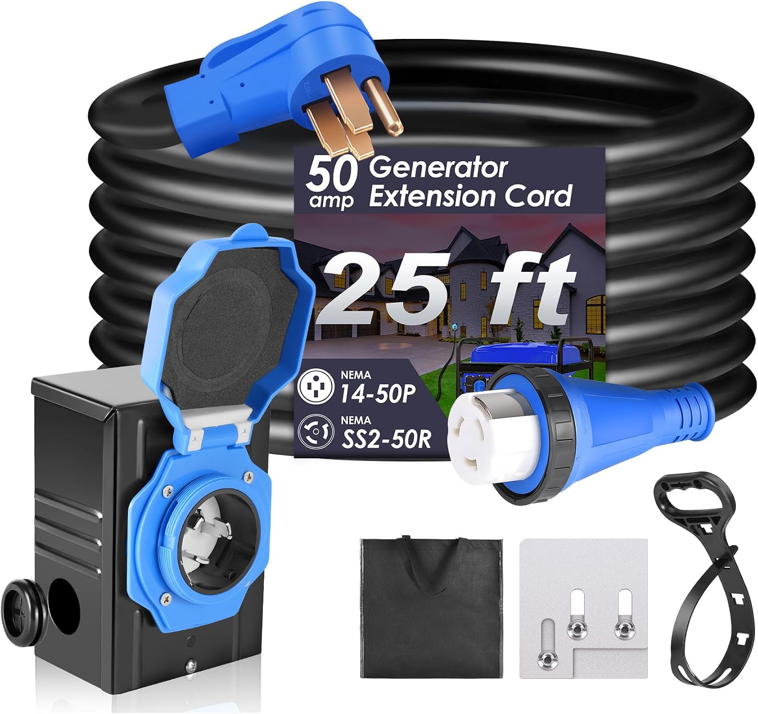 Seeutek 50 Amp Generator Cord, 4 Prong 25 FT Generator Extension Cord with Pre-drilled Power Inlet Box & Interlock Kit, NEMA 14-50P/SS2-50P Functional Cable, High Conductivity, ETL Listed