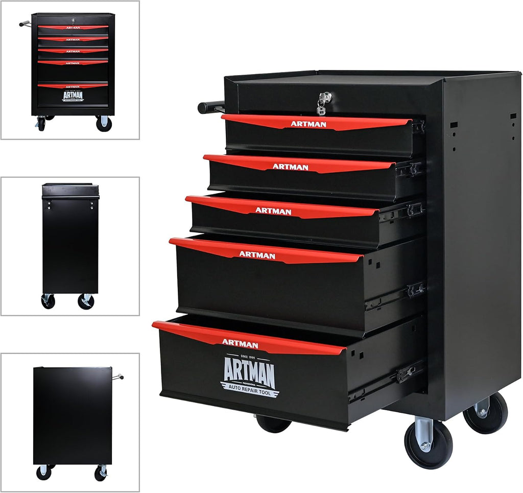 5 Drawers Tool Cart on Wheels, Multifunctional Rolling Tool Chest, Drawers Mobile Trolley Organizer Heavy Duty Tools Box with Locking Wheels & Ball Bearing Drawers (Black, 5 Drawers)
