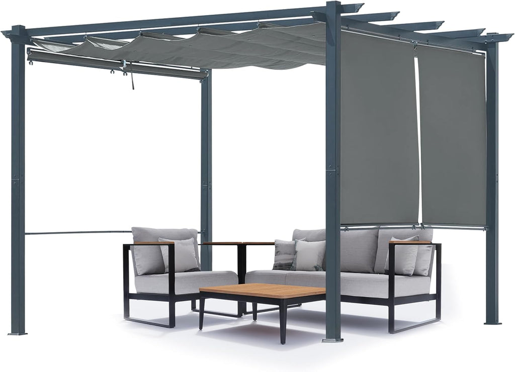 Aoodor 10 x 10 ft Outdoor Pergola with Retractable Shade Canopy, Matte Aluminum Frame, 4 Roller Shade Curtains, Grape Trellis for Patio, Backyard, Garden, and Deck, Grey