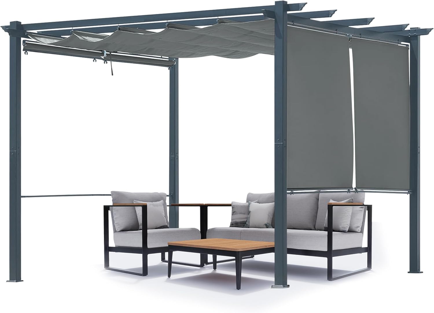Aoodor 10 x 10 ft Outdoor Pergola with Retractable Shade Canopy, Matte Aluminum Frame, 4 Roller Shade Curtains, Grape Trellis for Patio, Backyard, Garden, and Deck, Grey