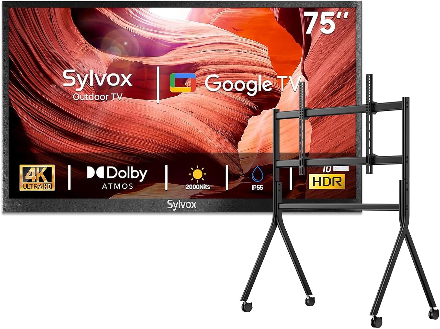 SYLVOX Outdoor TV with Rolling Stand, 75 inch 2000 Nit Full Sun Smart TVs, Sunlight Readable, IP56 Waterproof, 4K TV for Outdoor Households or Commercial Places