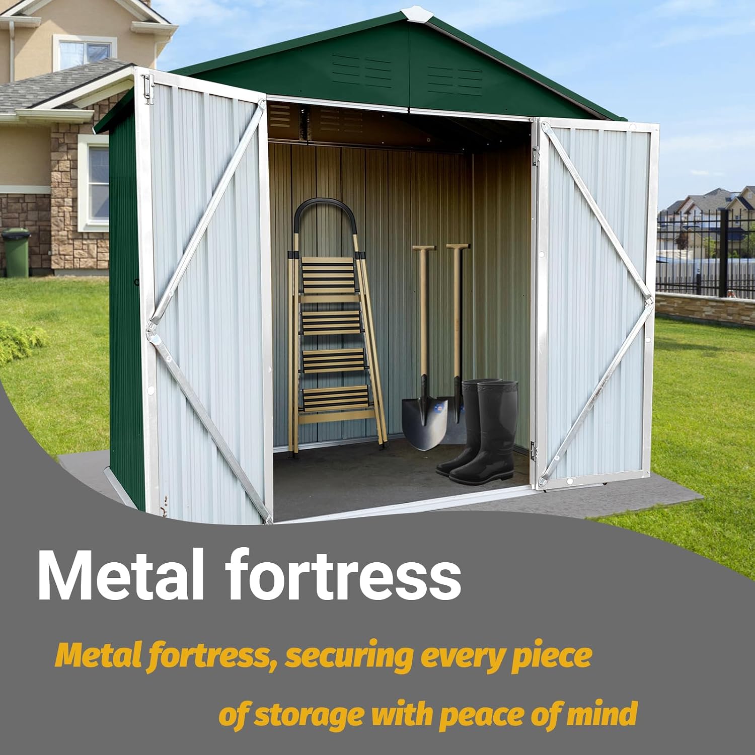 Shed with Windows,Large Metal Outdoor Storage Shed, Lockable Tool Storage shed, Steel Garden shed, Suitable for Backyard, Terrace, and Poolside (Roof Green+White, 6FTx4FT)