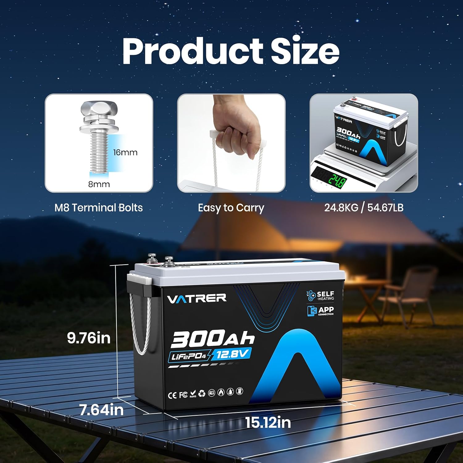 12.8V 300Ah Self-Heating LiFePO4 Lithium Battery with APP Monitoring, Built-in 200A BMS, Rechargeable 3840Wh Energy Battery for Trolling Motor, RV, Marine, Solar, Camping, Backup Power, Off-Grid, etc.