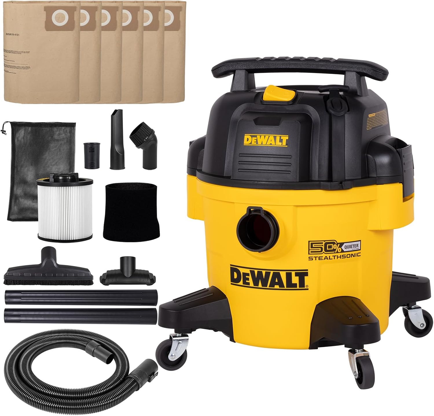 DEWALT 6 Gal Stealthsonic Shop Vacuum Wet and Dry, 5 Peak HP Shop Vac with Poweful Suction, Ultra-Quiet Shopvac Wet Dry Vacuum Cleaner with 6 Dust Bages for Home, Jobsite, Workshop, Garage and Auto