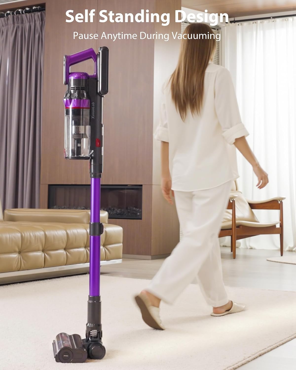 Cordless Vacuum Cleaner, 75Mins/55KPa/650W Freestanding Stick Vacuum Cleaners for Home, Rechargeable, Lightweight, Cone Filtration&Anti-Tangle, for Hard Floor, Carpet, Hardwoods, Pet Hair