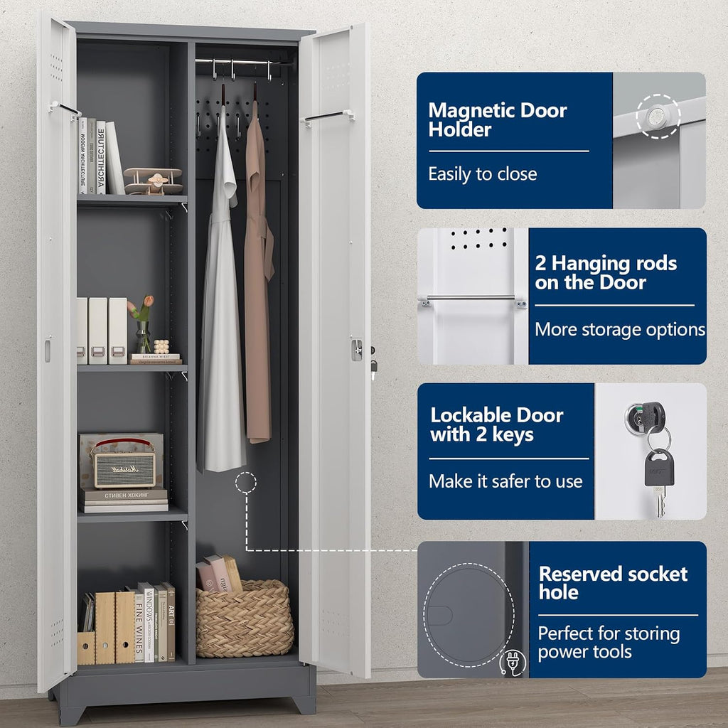 65' H Metal Garage Storage Cabinets with Doors and Shelves, Locking Cabinet, Broom Closet Storage Cabinets with Hanging Rod, Functional Tool Cabinet for Home, Garage, Kitchen