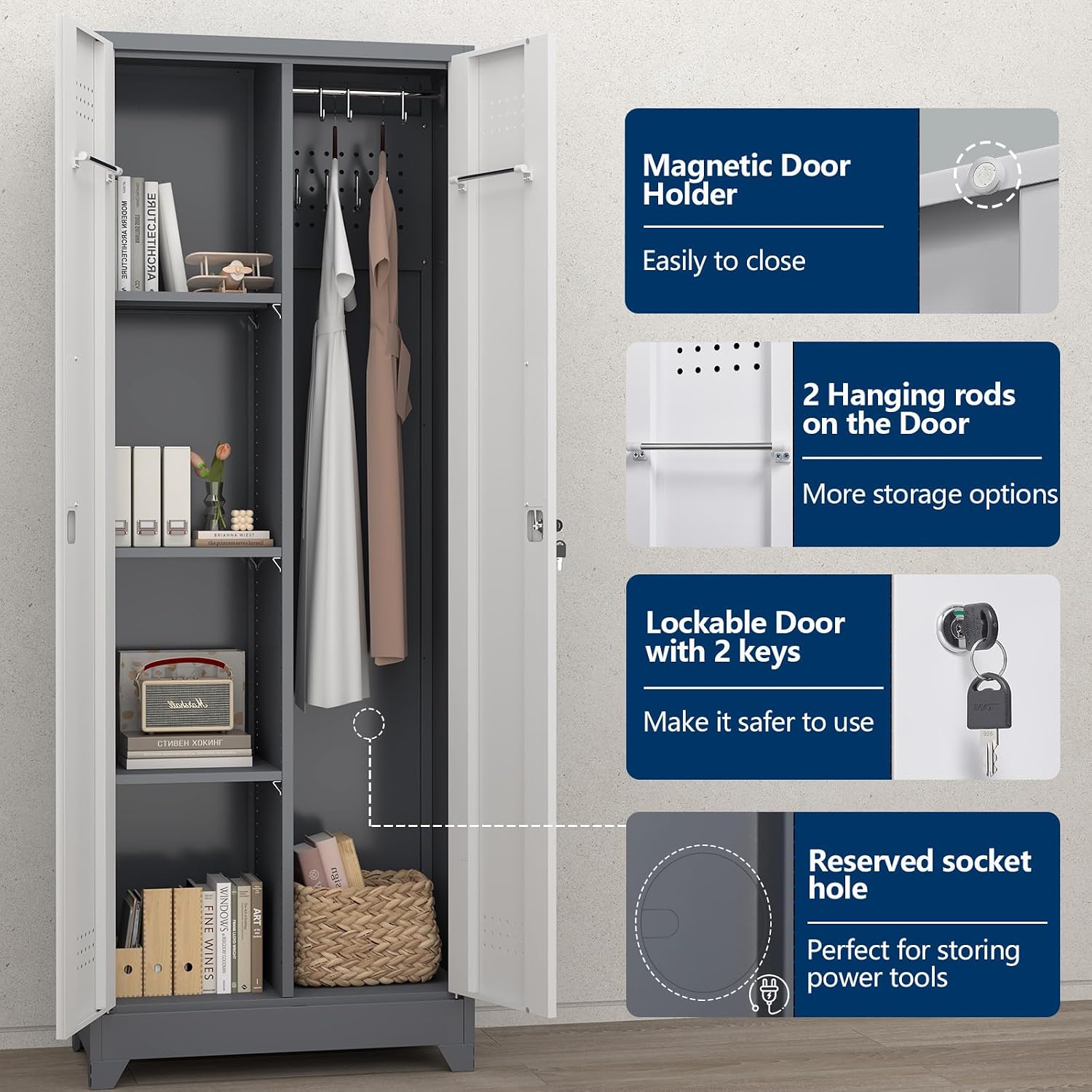 65' H Metal Garage Storage Cabinets with Doors and Shelves, Locking Cabinet, Broom Closet Storage Cabinets with Hanging Rod, Functional Tool Cabinet for Home, Garage, Kitchen