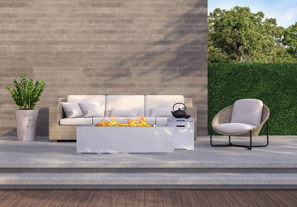 Bluegrass Living 42 Inch x 15 Inch Rectangular MGO Propane Fire Pit Table with Side Table Tank Storage, Glass Wind Guard, Crystal Glass Beads, Fabric Cover - Model# DFT42R-CG