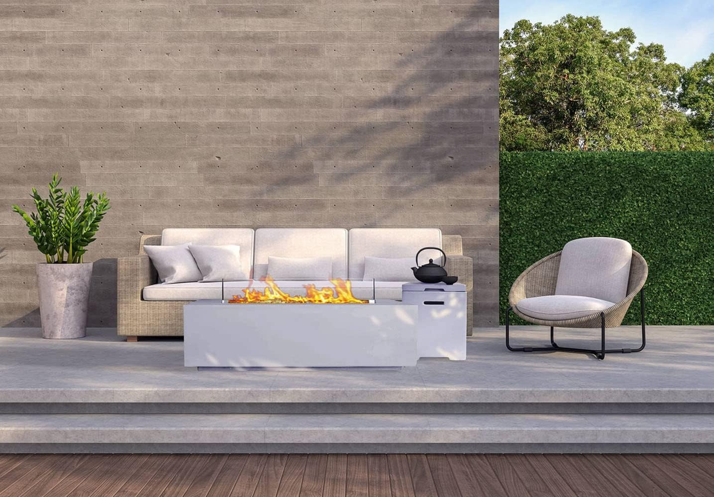 Bluegrass Living 42 Inch x 15 Inch Rectangular MGO Propane Fire Pit Table with Side Table Tank Storage, Glass Wind Guard, Crystal Glass Beads, Fabric Cover - Model# DFT42R-CG