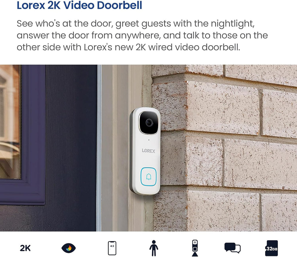 Lorex 2K Wired WiFi Smart Video Doorbell Camera | No Subscription Fee | 32GB MicroSD Card Included | Smart Security Lighting | Night Vision | Motion Detection | IP65 | Requires Existing Wiring | White