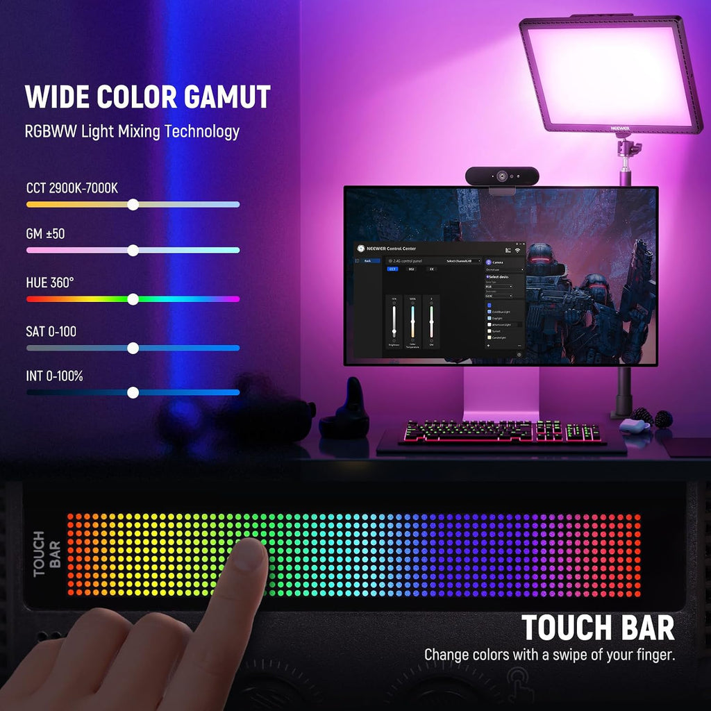 NEEWER GL1C RGB 15.5' Key Light, 48W Edge Lit Soft LED Video Panel Streaming Gaming Lighting with 2.4G PC/Mac iOS/Android APP/WiFi/Stream Deck Control, Touch Bar, 2900K-7000K, Music Sync, 18 Scenes
