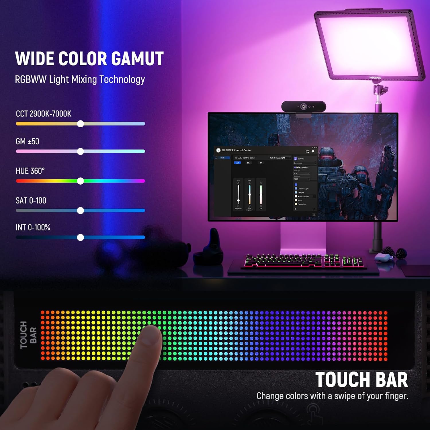 NEEWER GL1C RGB 15.5' Key Light, 48W Edge Lit Soft LED Video Panel Streaming Gaming Lighting with 2.4G PC/Mac iOS/Android APP/WiFi/Stream Deck Control, Touch Bar, 2900K-7000K, Music Sync, 18 Scenes