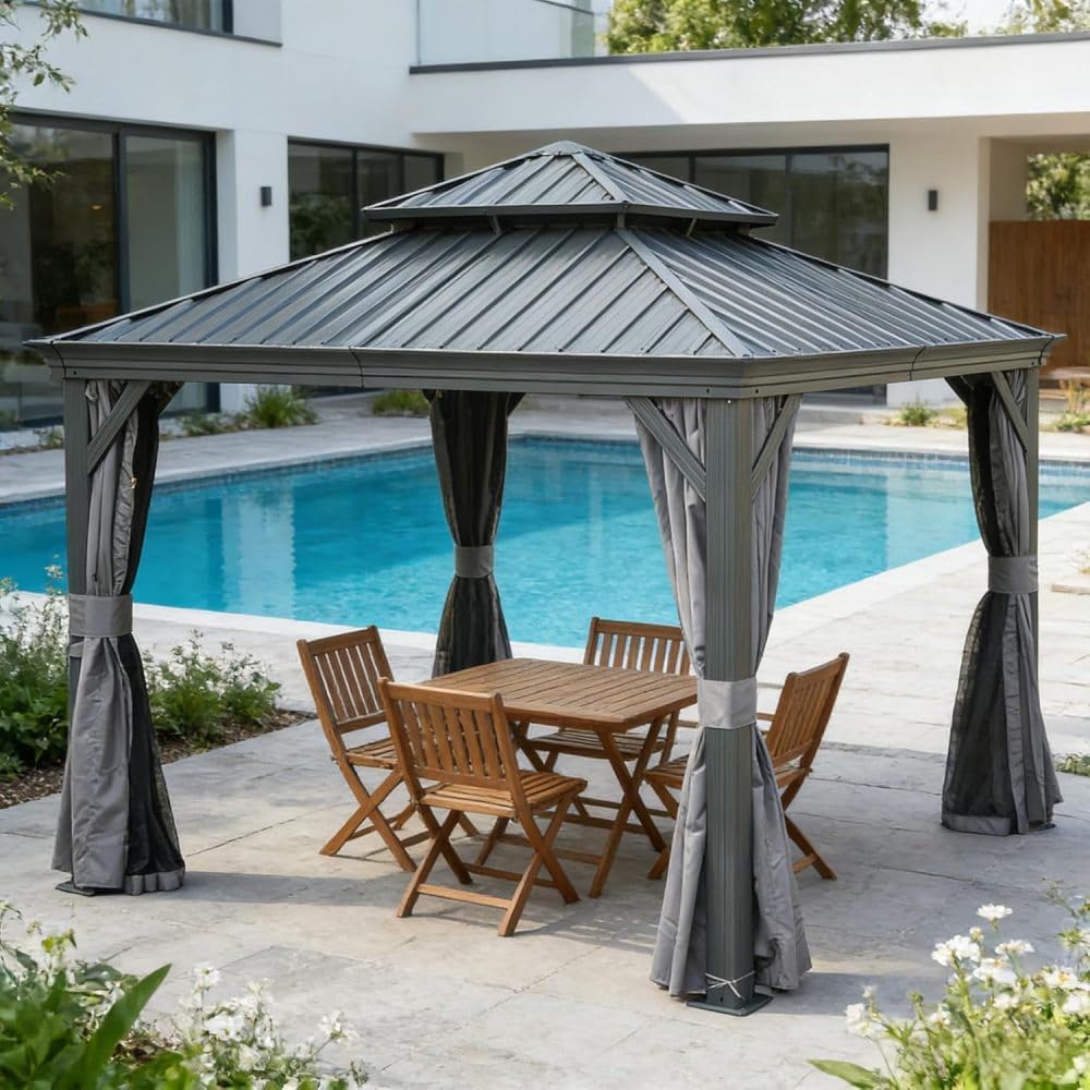 13x13FT Outdoor Hardtop Gazebo, Galvanized Steel Double Roof Gazebo with Drainage System, Includes Privacy Curtains & Netting, Water & Wind Resistant Metal Pergola for Patio, Deck, Backyard, Gray