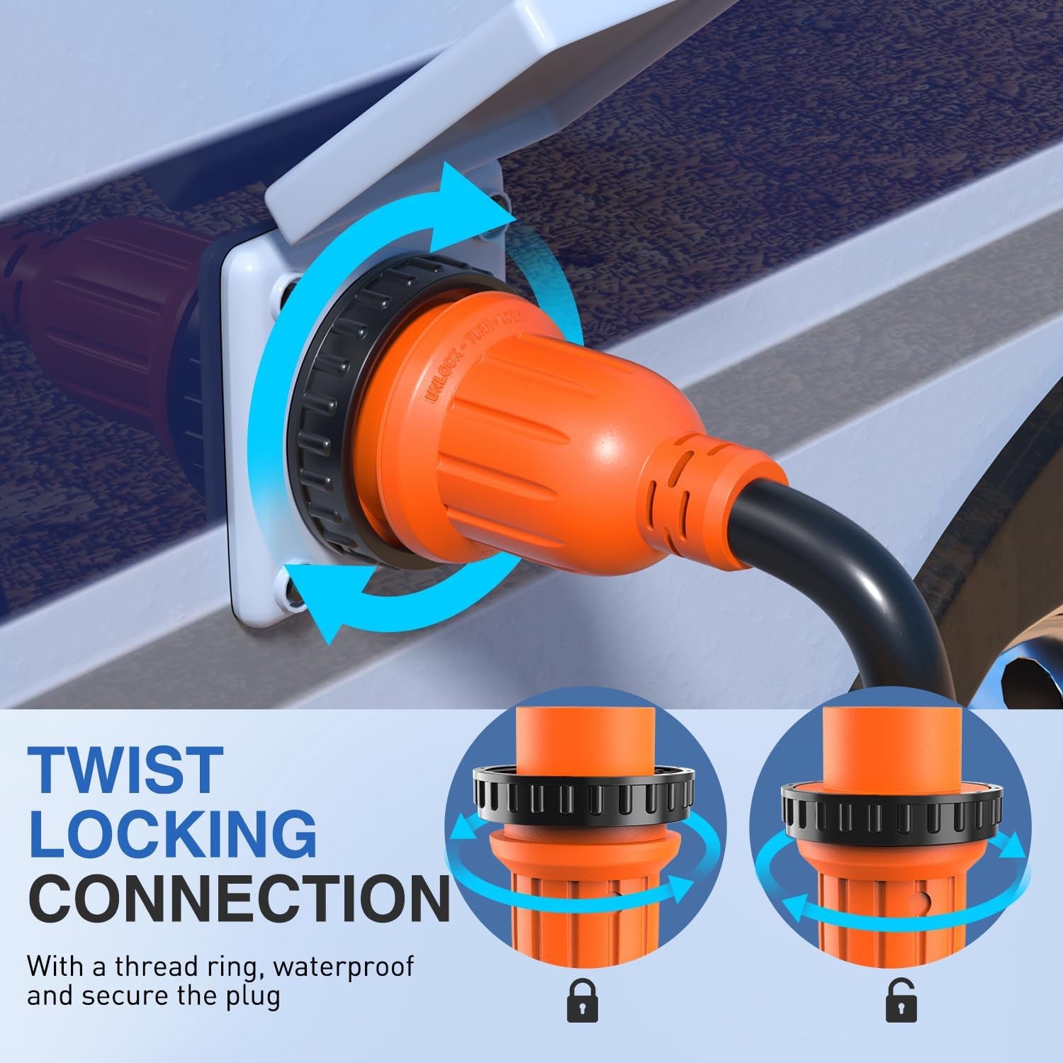 Nilight 30 Amp 50FT RV Locking Extension Cord 125V Heavy Duty 10 Gauge Pure Copper STW Wire ETL Listed 3 Prong TT-30P L5-30R 30F/30M Weatherproof Suit for Camper Trailer