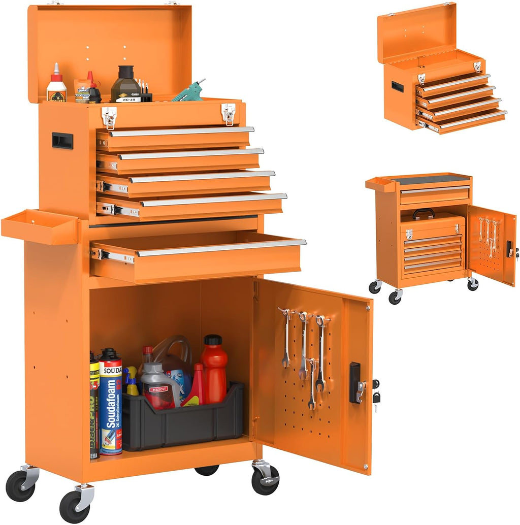 Tool Chest, 5-Drawer Rolling Tool Chest with Detachable Top Box, Tool Box with Wheels, Tool Storage Cabinet for Warehouse, Garage, Workshop Orange
