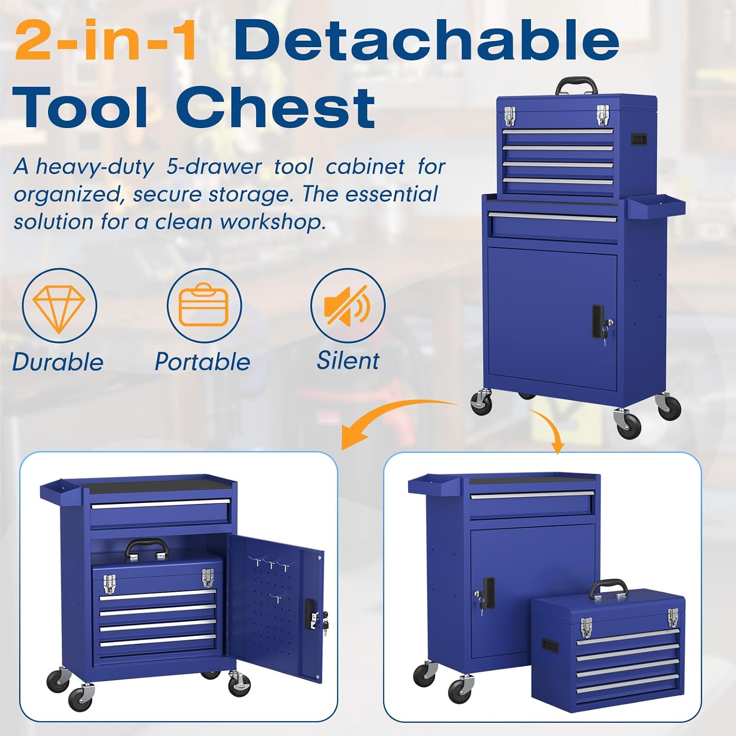 5-Drawers Tool Chest, 2-in-1 Rolling Tool Box with Wheels and Drawers, Detachable Storage Toolbox with Lock, Heavy-Duty Metal Tool Cart for Garage, Workshop (Blue)